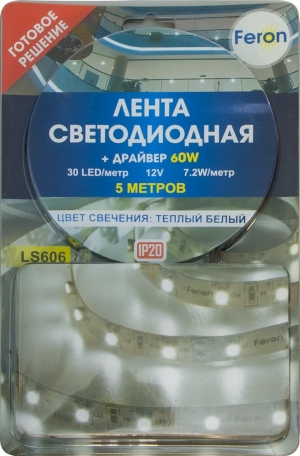 ЛЕНТА  светодиодная, 30SMD(5050)/m 7.2W/m 12V 5m белый на белом c драйвером, LS607